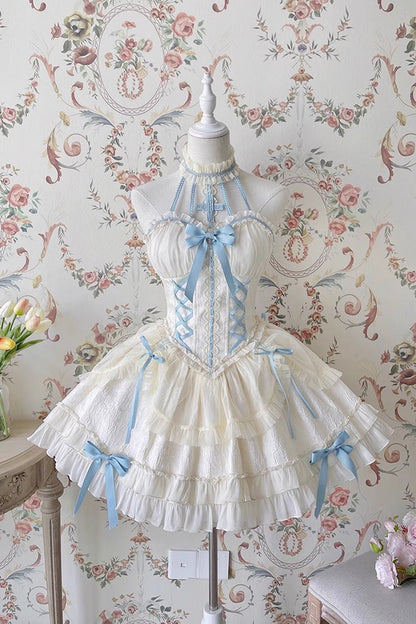 Blue/Ivory Tube Top Sleeveless Ruffle Bowknot Gothic Lolita Jsk Tiered Dress