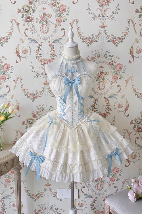 Blue/Ivory Tube Top Sleeveless Ruffle Bowknot Gothic Lolita Jsk Tiered Dress