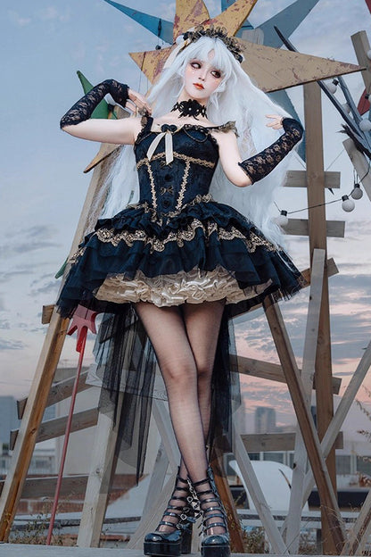 Black [Fleeting Light and Shallow Dream] Sleeveless Multi-Layered Ruffle Bowknot Lace Slim Gothic Ballet Lolita Jsk Dress