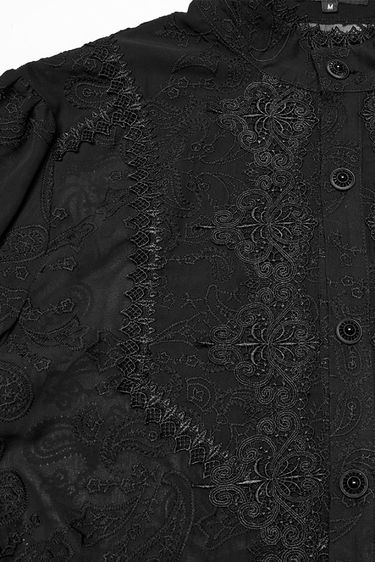 Black Stand Collar Chiffon Long Sleeves Hollow Embroidery Men's Gothic Blouse