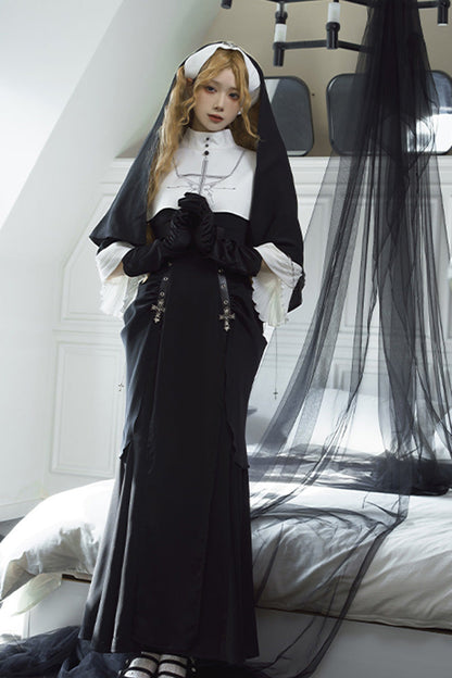 Black [Halloween Night Temple Nun] Short Sleeves Print Ruffle Gothic Elegant Lolita Dress