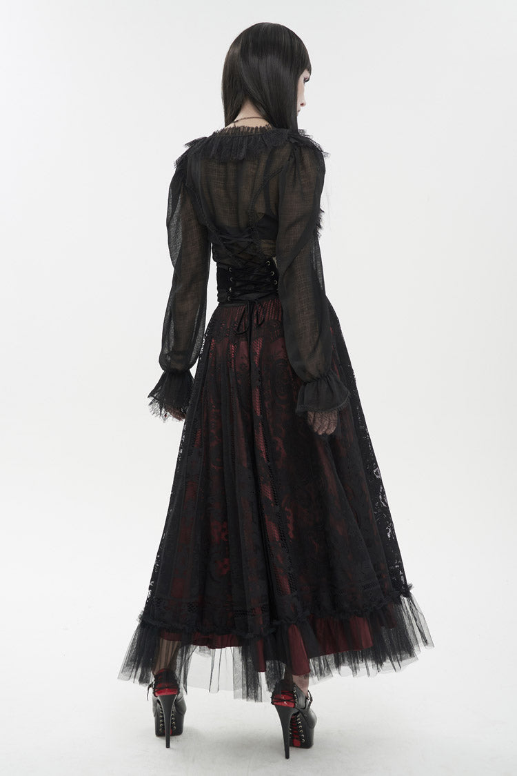 Black Thin Waist Plaid Stitching Layered Lace Long Sleeves Women's Gothic Shirt