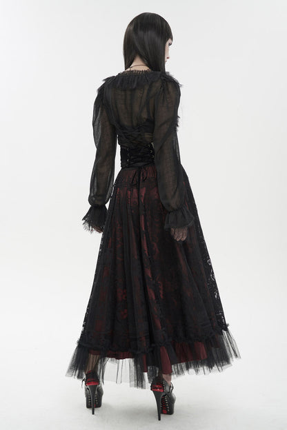 Black Thin Waist Plaid Stitching Layered Lace Long Sleeves Women's Gothic Shirt