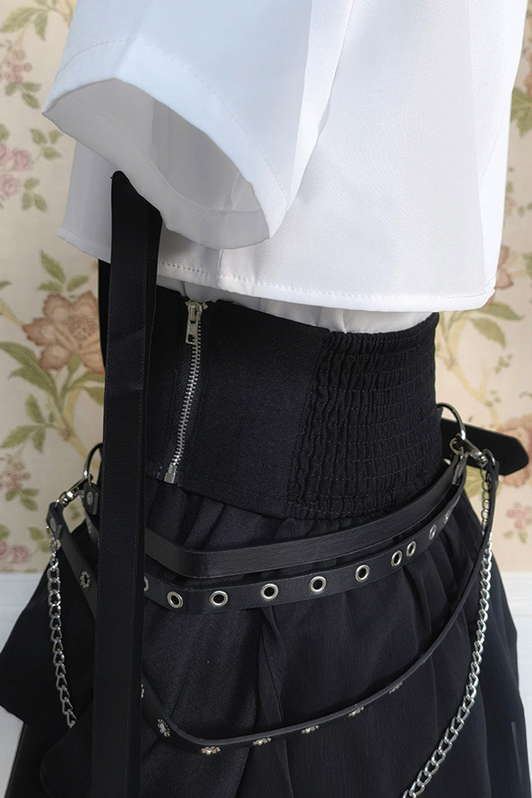 Black/White Short Sleeves Ruffle Asymmetric Gothic Jirai Kei Skirt Blouse Set