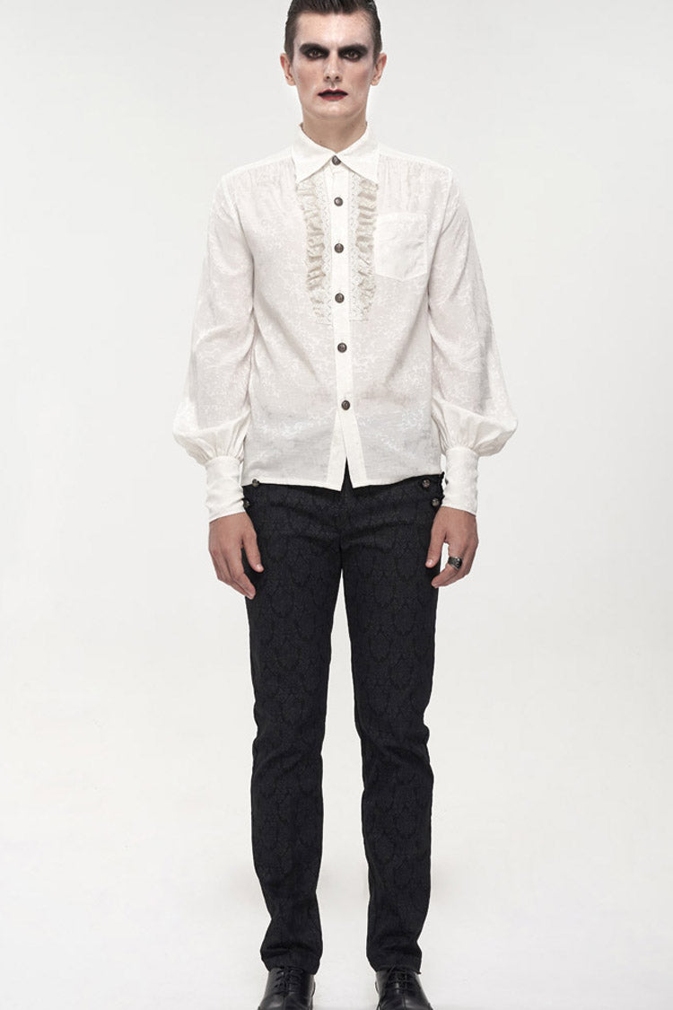 White Gothic Metal Pattern Buckle Long Sleeve Pleated Lace Lantern Shape Printing Pattern Men's Shirt