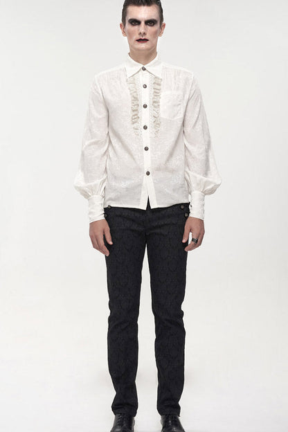 White Gothic Metal Pattern Buckle Long Sleeve Pleated Lace Lantern Shape Printing Pattern Men's Shirt