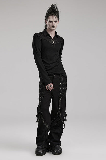 Cracked Leather Stitching Metal Rivet Decoration Mesh Men's Steampunk Pants 2 Colors
