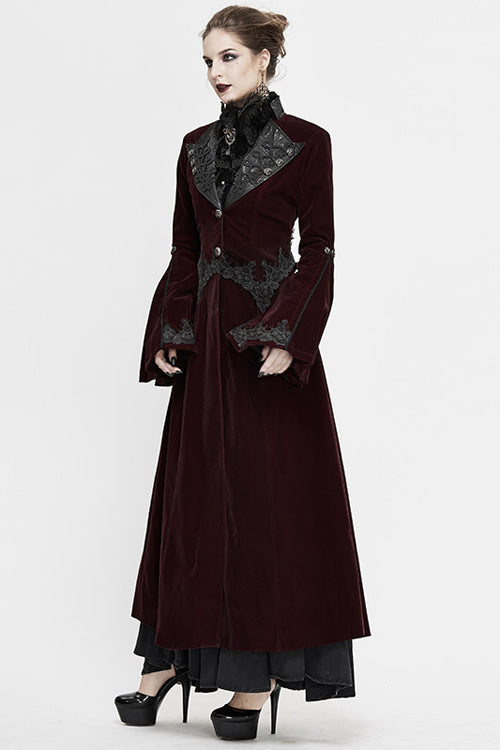 Red Lace Flared Sleeves Velvet Long Womens Gothic Coat