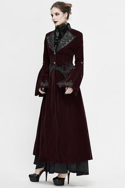 Red Lace Flared Sleeves Velvet Long Womens Gothic Coat