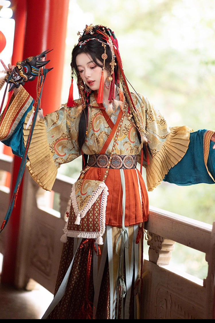 Multi-Color [Mountain and Sea Oath] Long Sleeves Print Ruffle Embroidery Classic Hanfu Set