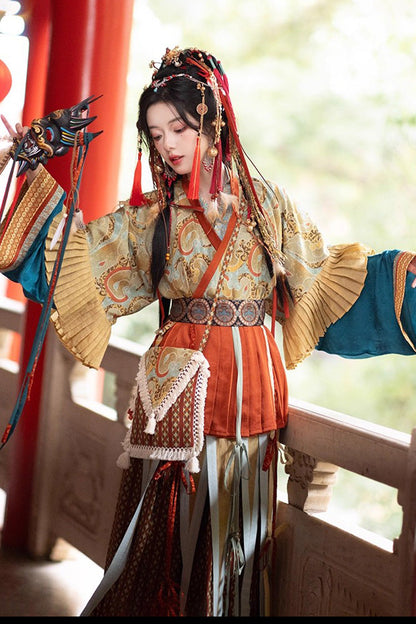 Multi-Color [Mountain and Sea Oath] Long Sleeves Print Ruffle Embroidery Classic Hanfu Set