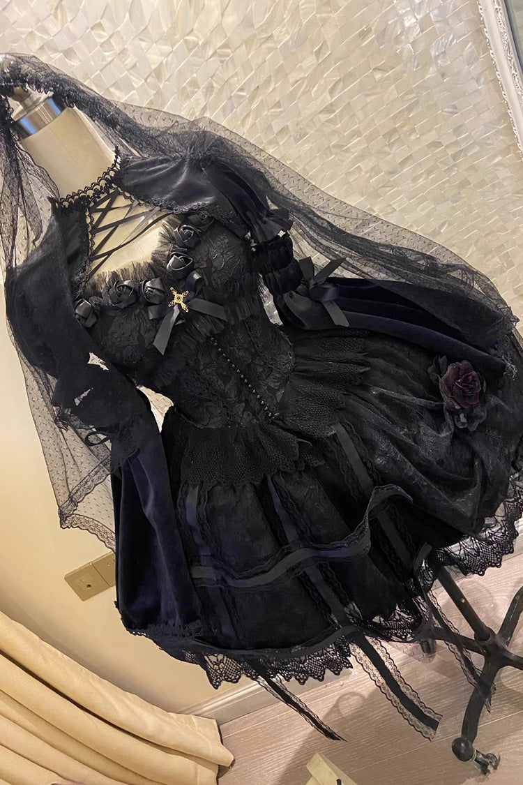 Black [Rose Cage] Ruffle Bowknot Lace Mesh Gothic Elegant Lolita Jsk Dress