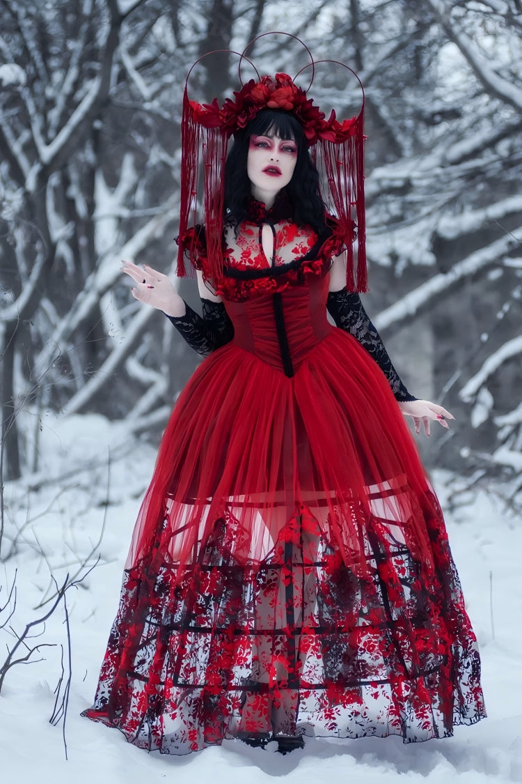Black/Red Stand Collar Sleeveless Printed Hanayome Lace Lace-Up Women's Gothic Elegant Dress Wedding Dress