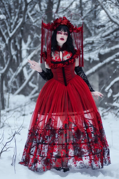 Black/Red Stand Collar Sleeveless Printed Hanayome Lace Lace-Up Women's Gothic Elegant Dress Wedding Dress