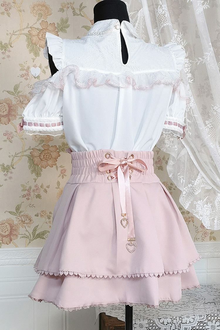 White/Pink Lapel Collar Short Sleeves Double-Layered Ruffle Bowknot Sweet Jirai Kei Set