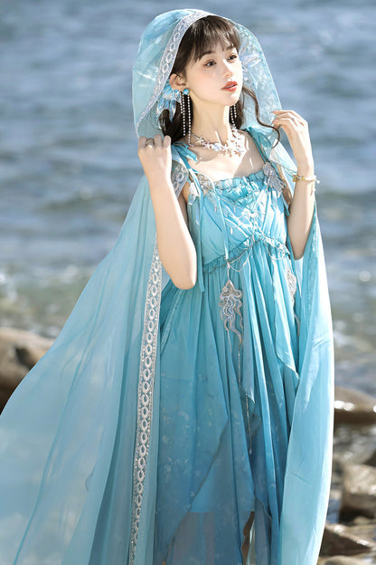 Blue [Ocean Sprite] Gradient Print Irregular Hooded Sweet Lolita Jsk Dress Cloak Set