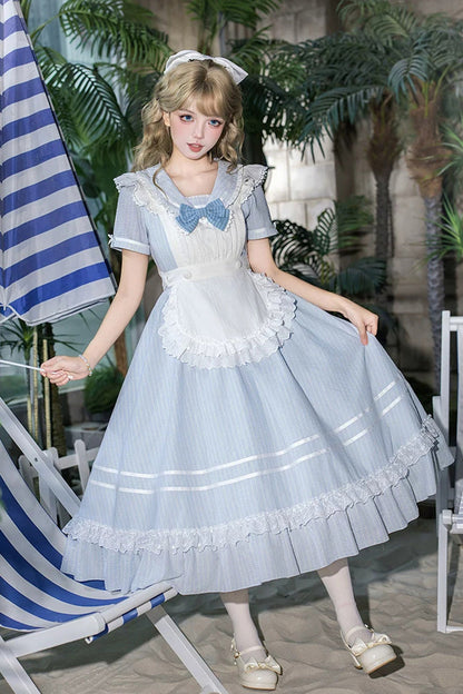 Blue [Seven Day Bell] Navy Collar Short Sleeves Printed Ruffled Bow Sweet Lolita Dress 2 Versions