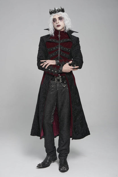 Black/Red Diamante Stand Collar Long Sleeves Printed Zippered Men's Gothic Long Coat