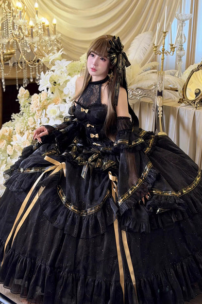 Black [Obsidian Banquet] Double-Layered Ruffled Hanayome Bow Lace Sweet Gothic Princess Lolita Jsk Dress