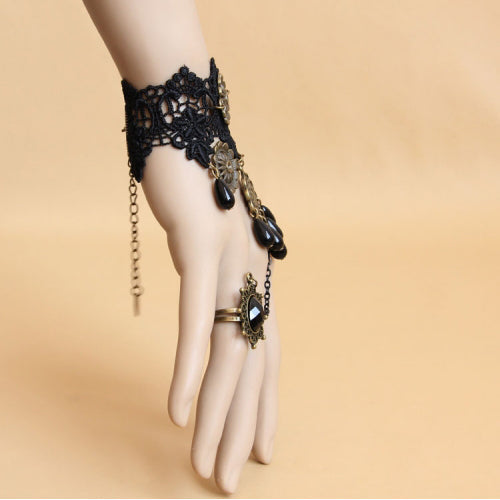 Black Retro Lace Pearl Gems Palace Prom Female Personality Gothic Lolita Bracelet With Ring One Chain