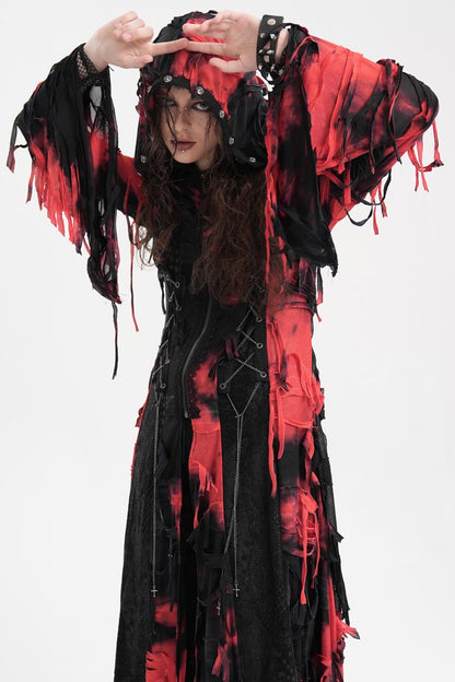 Black/Red Long Sleeves Lace Ripped Zipper Women's Punk Coat
