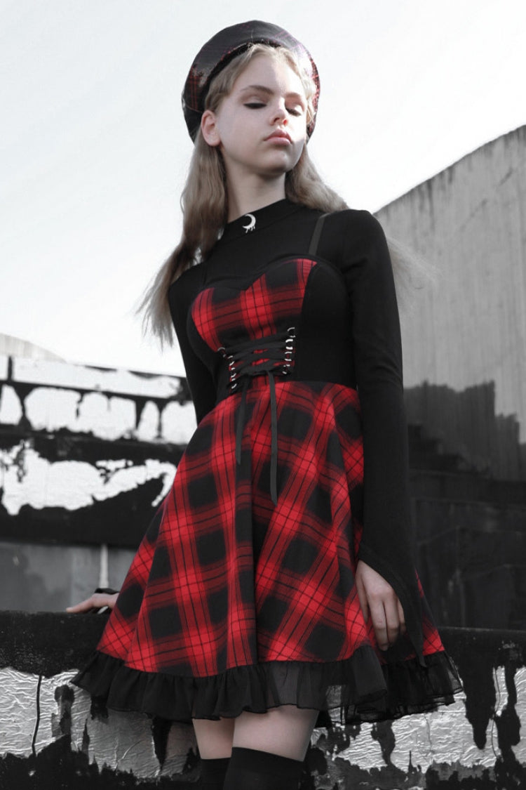 Black/Red Plaid Print Ruffle Lace Women's Punk Dress