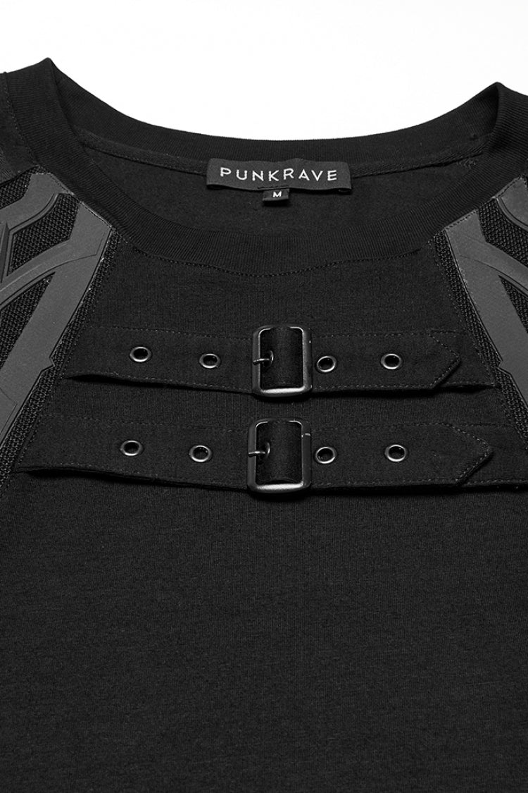 Black Round Collar Short Sleeves Studded Buckle Strap Men's Punk T-Shirt