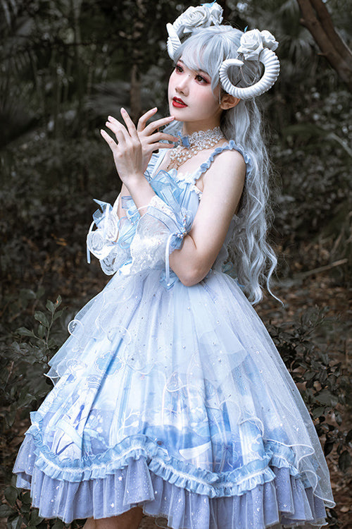 Blue Ruffled Stitching Seam 3D Print Sweet Lolita JSK Dress
