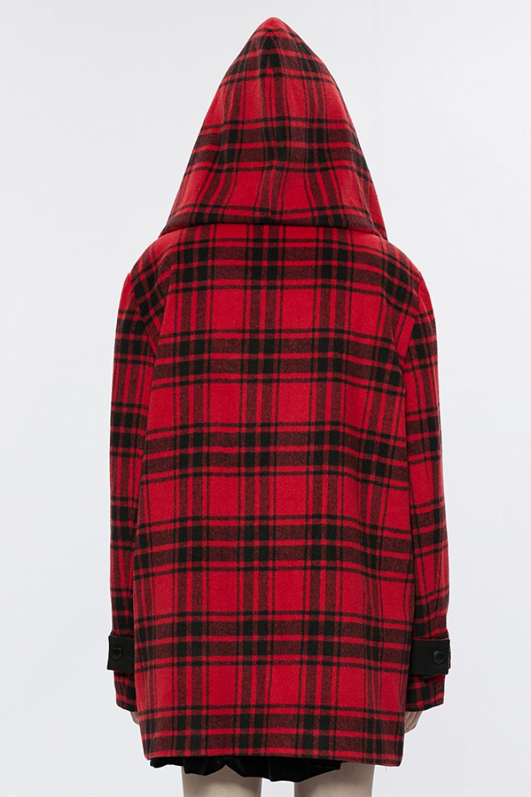 Black/Red Plaid Print Hooded Women's Punk College Style Coat