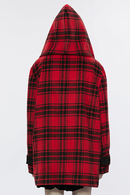 Black/Red Plaid Print Hooded Women's Punk College Style Coat