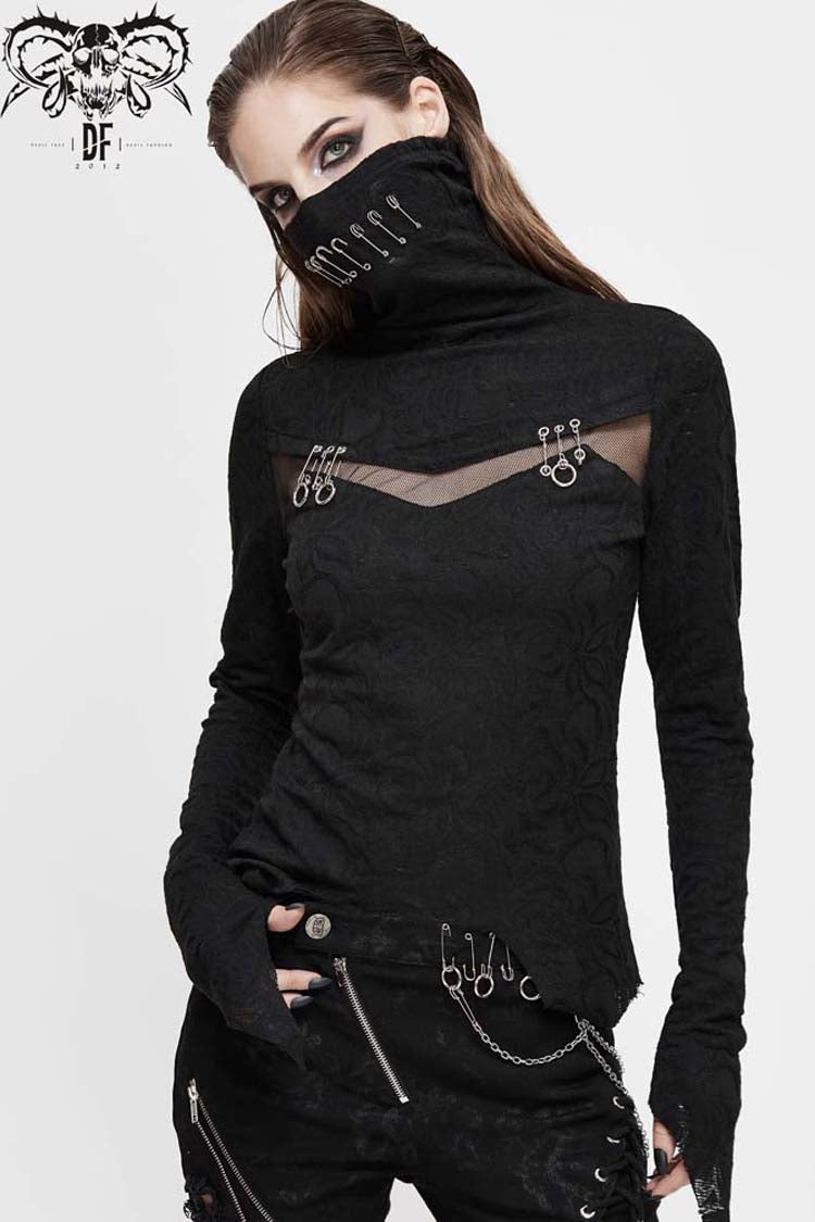 Black Turtleneck Chest Splice Fine Mesh Pin Decoration Sharp Angle Hem Women's Punk Shirt