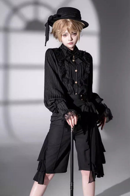 Black [Eternal City] Long Sleeves Lace Gothic Prince Medieval Ouji Lolita Blouse Knee-Length Shorts Set