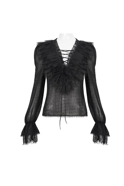 Black Thin Waist Plaid Stitching Layered Lace Long Sleeves Women's Gothic Shirt