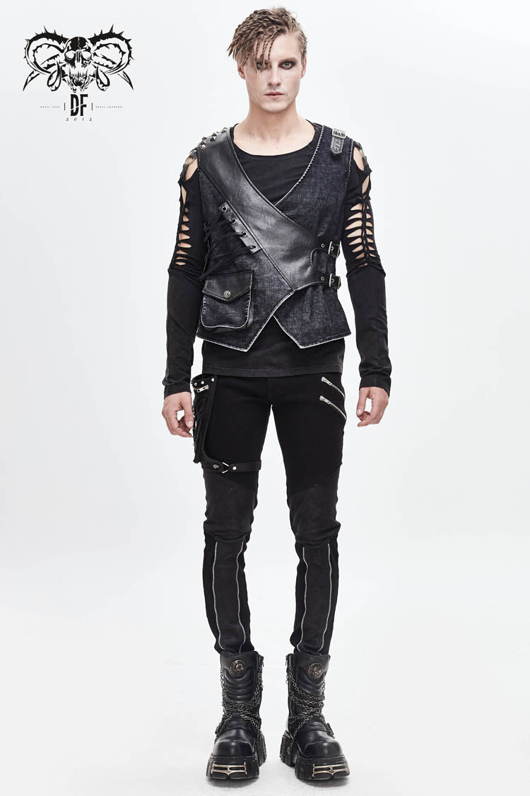 Black V Neck Asymmetric Lace Up Leather Loop Shoulder Rivet Corduroy Men's Punk Waistcoat