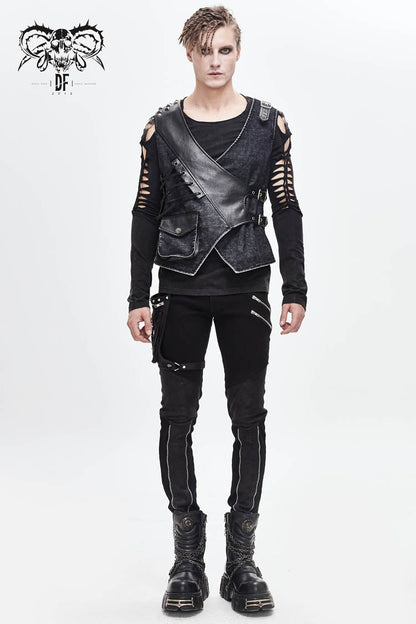 Black V Neck Asymmetric Lace Up Leather Loop Shoulder Rivet Corduroy Men's Punk Waistcoat