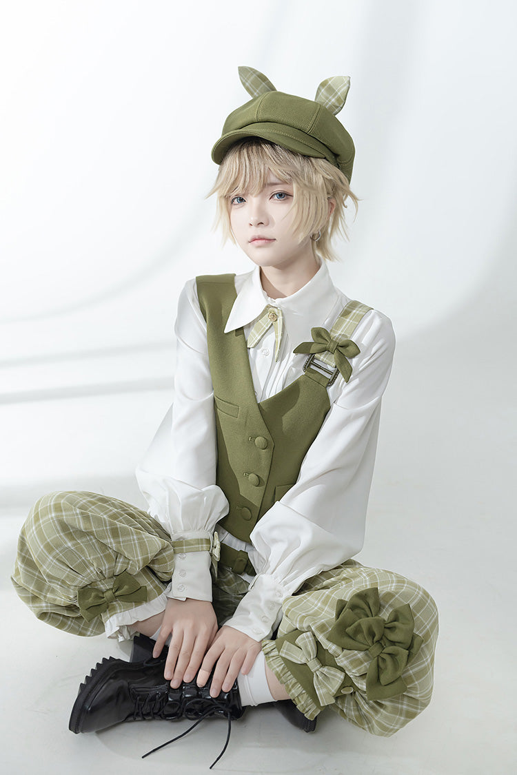 Matcha Green Plaid Pants Secret Morning Post Series Cute and Handsome Ouji Lolita Vest