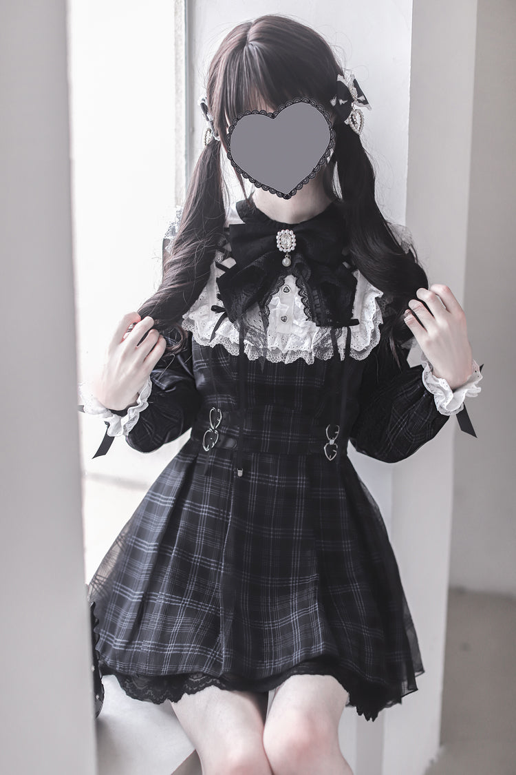 Black [Angel Heartbeat] Long Sleeves Plaid Print Ruffle Bowknot Lace Sweet Jirai Kei Japanese Dress
