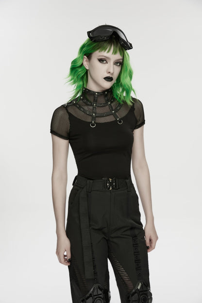 Black Stand Collar Short Sleeves Zippered Women's Punk Rivets&Eyelets T-Shirt