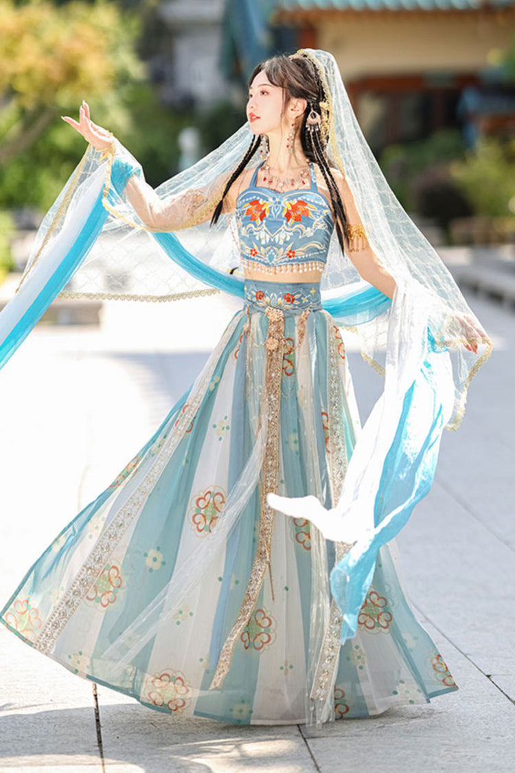 Blue Elegant Print Embroidery High Waisted Sleeveless Hanfu Dress Full Set