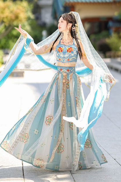 Blue Elegant Print Embroidery High Waisted Sleeveless Hanfu Dress Full Set