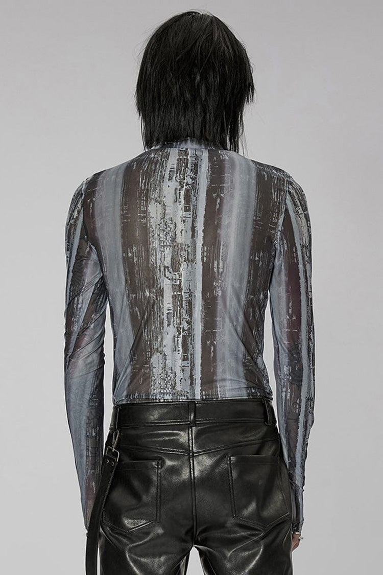 Black/Grey Punk High Collar Technology Sense Printing Elasticity Tight Long Sleeves Men's Shirt