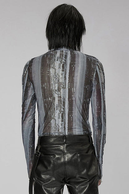 Black/Grey Punk High Collar Technology Sense Printing Elasticity Tight Long Sleeves Men's Shirt