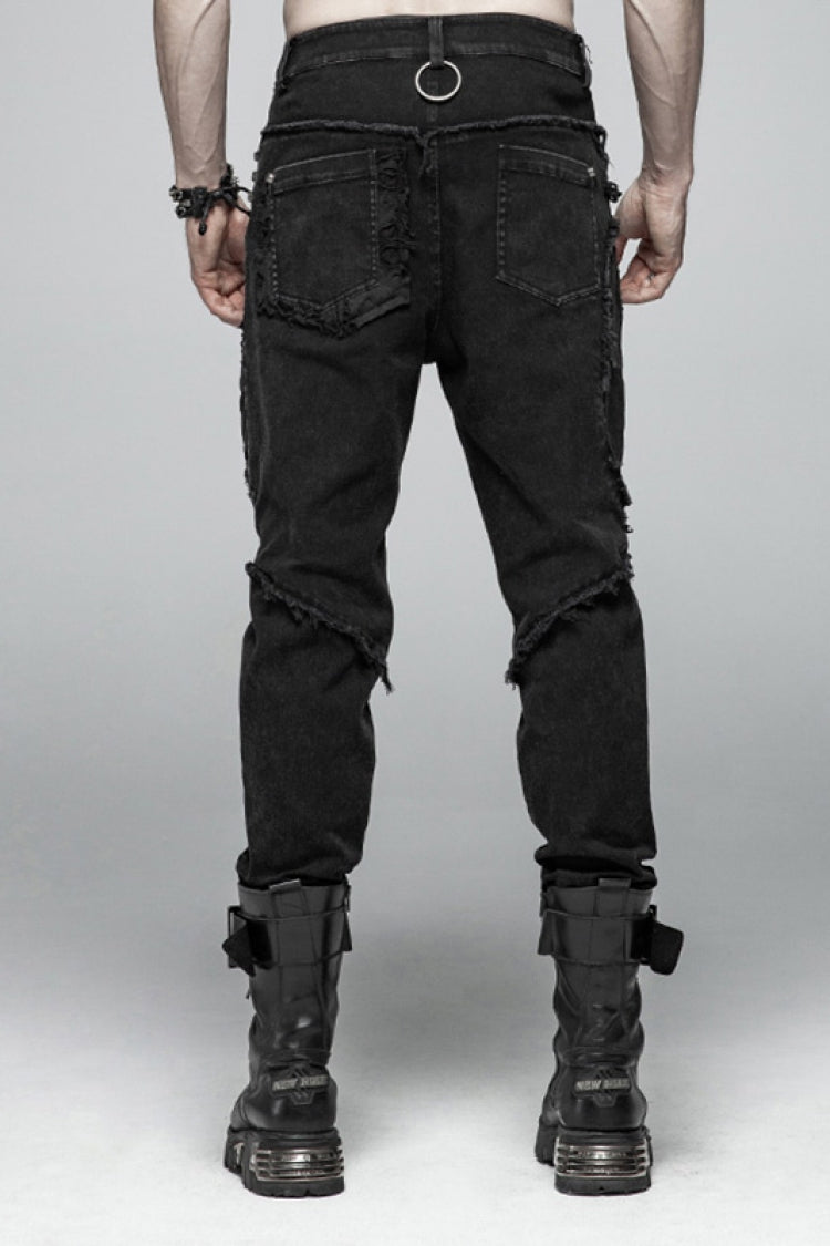 Black Ripped Men's Steampunk Straight-Leg Jeans Pants