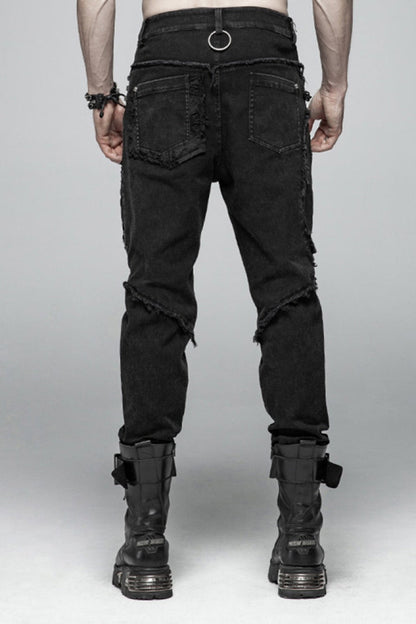 Black Ripped Men's Steampunk Straight-Leg Jeans Pants