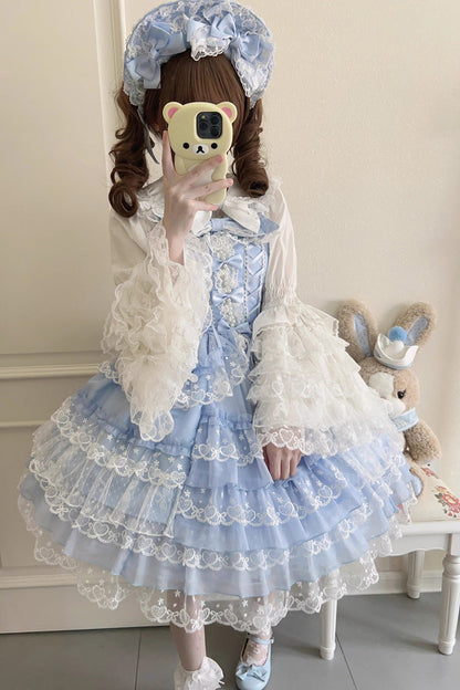 Blue [Love Overture] Multi-Layered Ruffle Bowknot Lace Sweet Lolita Jsk Dress