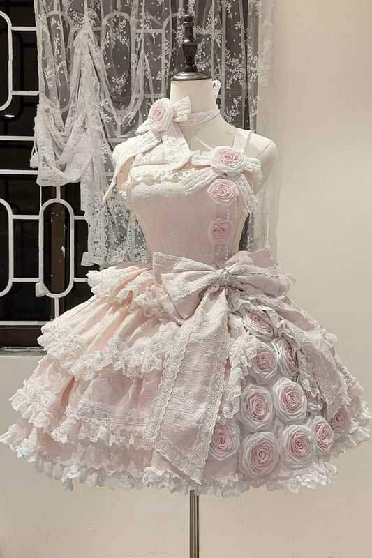 [Rose of Confession] Sleeveless Ruffle Bowknot Lace Asymmetric Sweet Elegant Lolita Jsk Dress 2 Colors