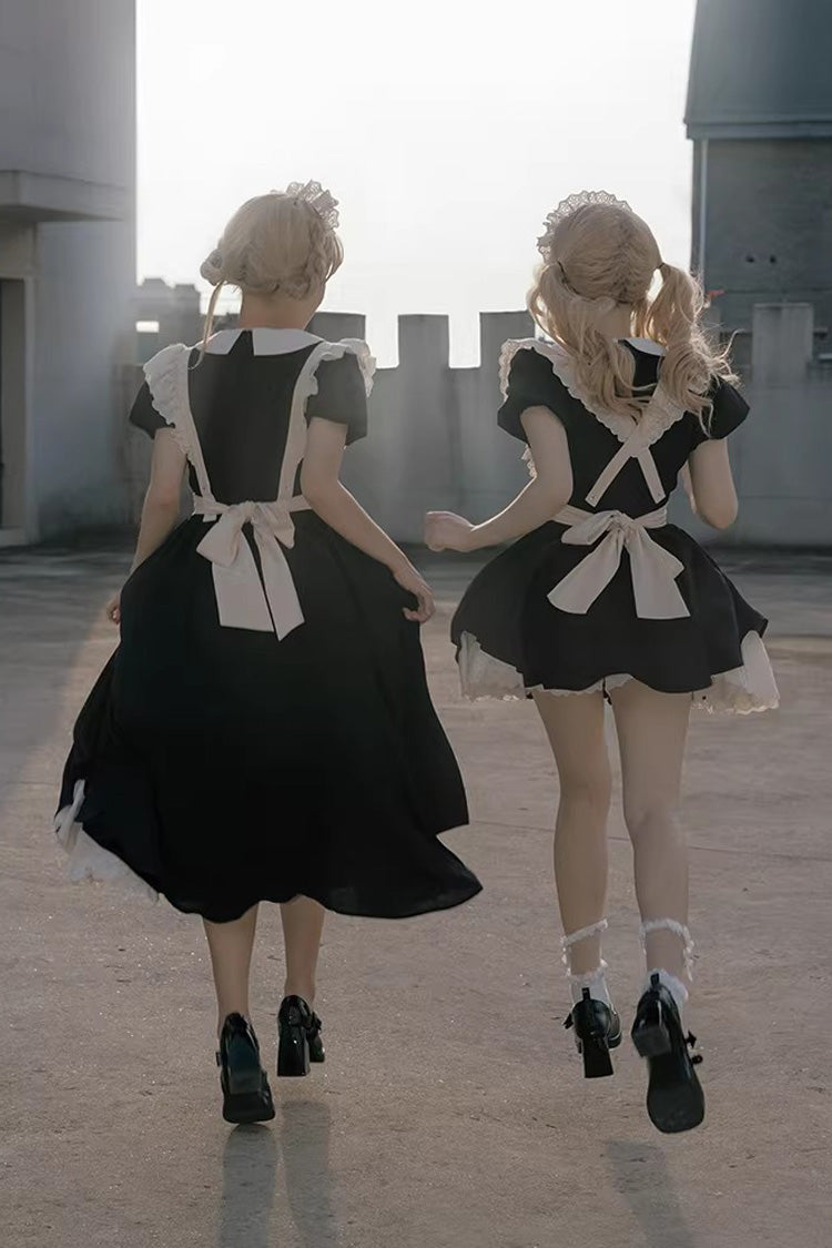 Black/White Round Collar Short Sleeves Ruffled Bow Sweet Elegant Lolita Maid Dress 2 Versions