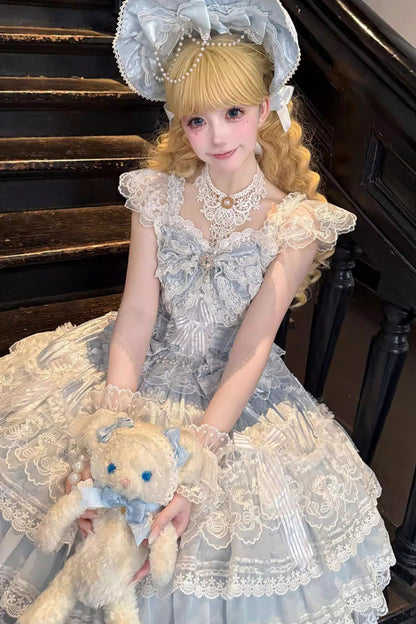 Blue [Moonlit Sakura Ode] Sleeveless Multi-Layered Ruffled Bow Lace Sweet Lolita Dress