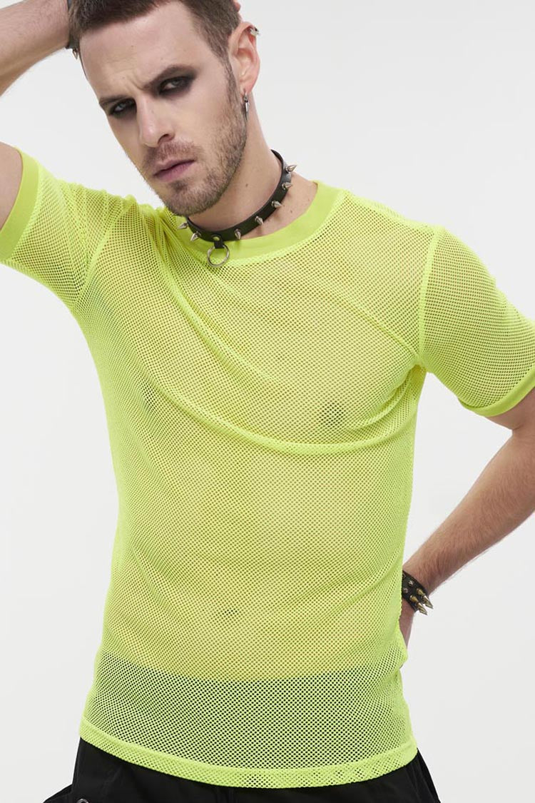 Yellow Gothic Crew Neck Diamond-Shaped Net Hyperelastic Short Sleeve Men's T-Shirt