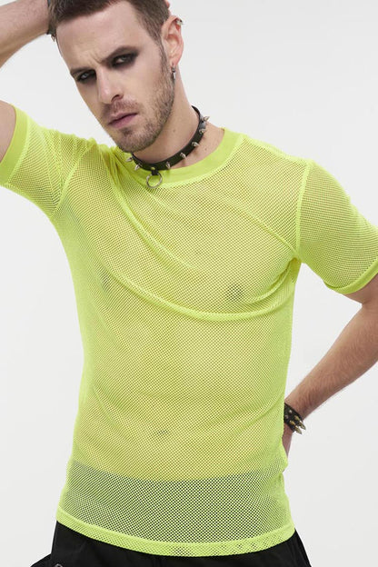 Yellow Gothic Crew Neck Diamond-Shaped Net Hyperelastic Short Sleeve Men's T-Shirt